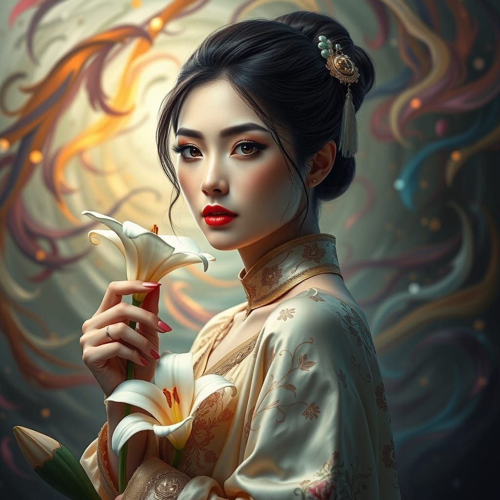 Elegant Woman in Luxurious Attire with Delicate Lily Flower