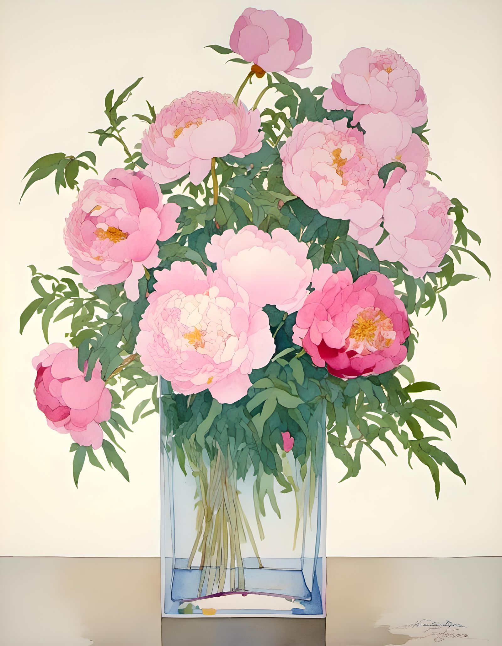 Watercolor Pink Peonies in Square Vase
