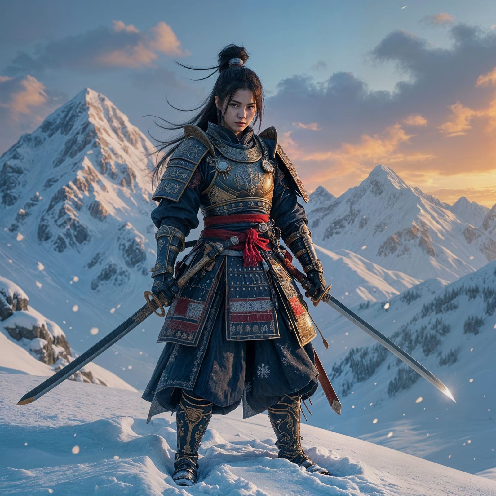 Fierce Samurai Warrior on Snowy Mountain, Digital Matte Pain...
