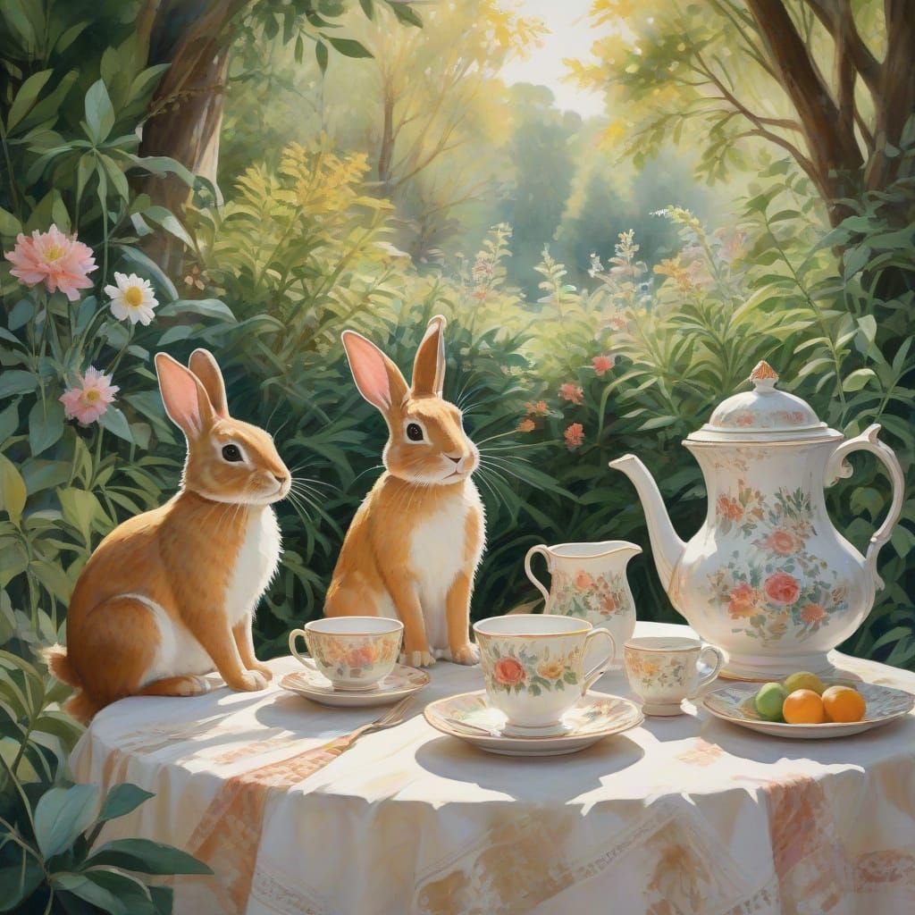 Whimsical Bunnies in Vintage Tea Party Setting, in Impressio...