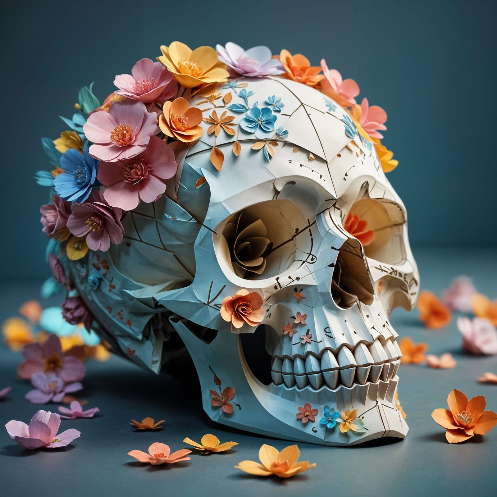 Detailed Paper Skull with Flowers in Surreal Style