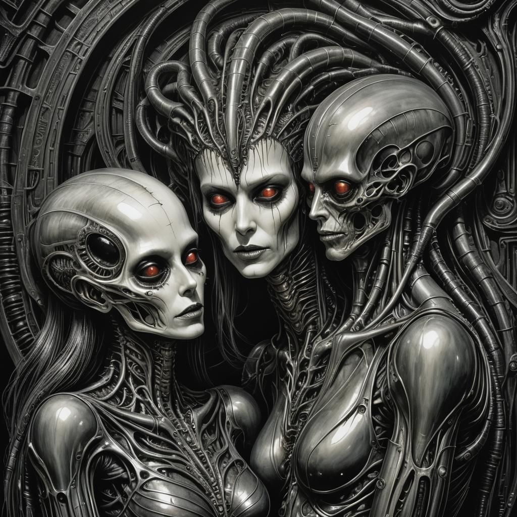 Humanoid Seduces Lovecraftian Alien in Surreal Scene