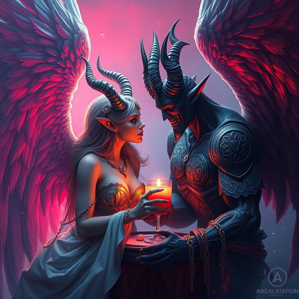 Fantastical Demon and Angel Encounter in Deep, Dreamlike Col...