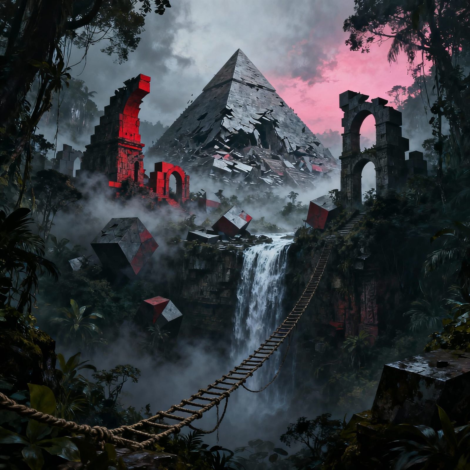 Dark Fantasy Jungle Ruins with Waterfall