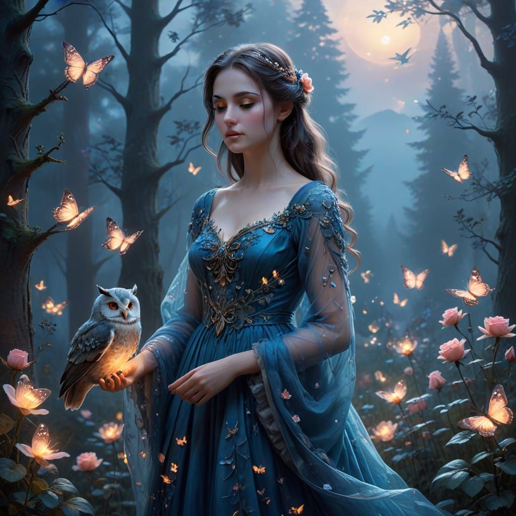 Woman in Blue Gown with Owl in Enchanted Forest