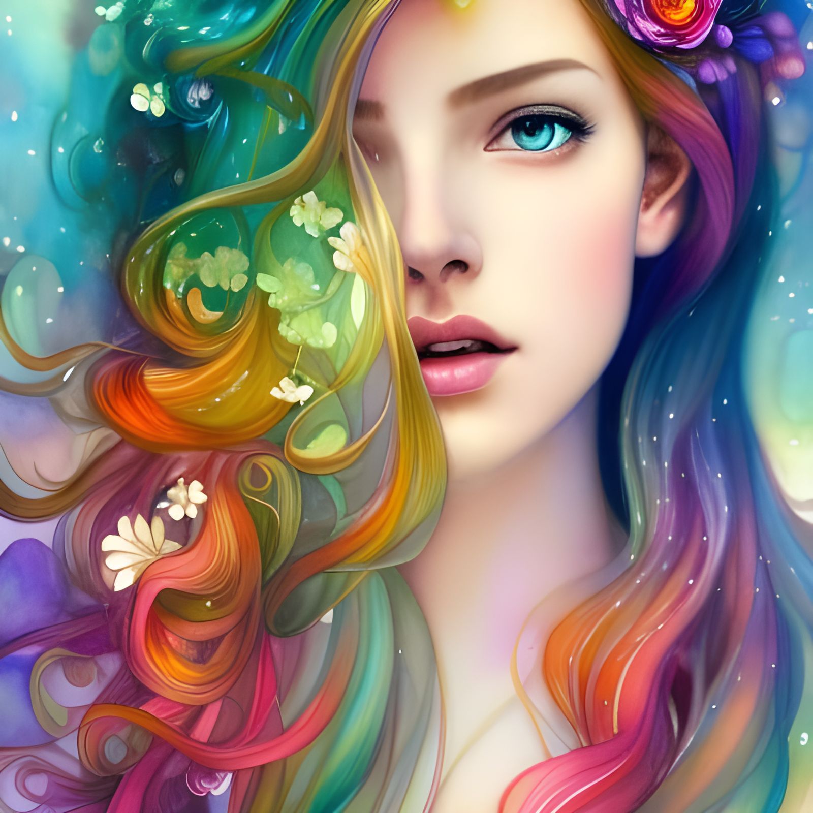 Rainbow-Haired Girl in Watercolor Style