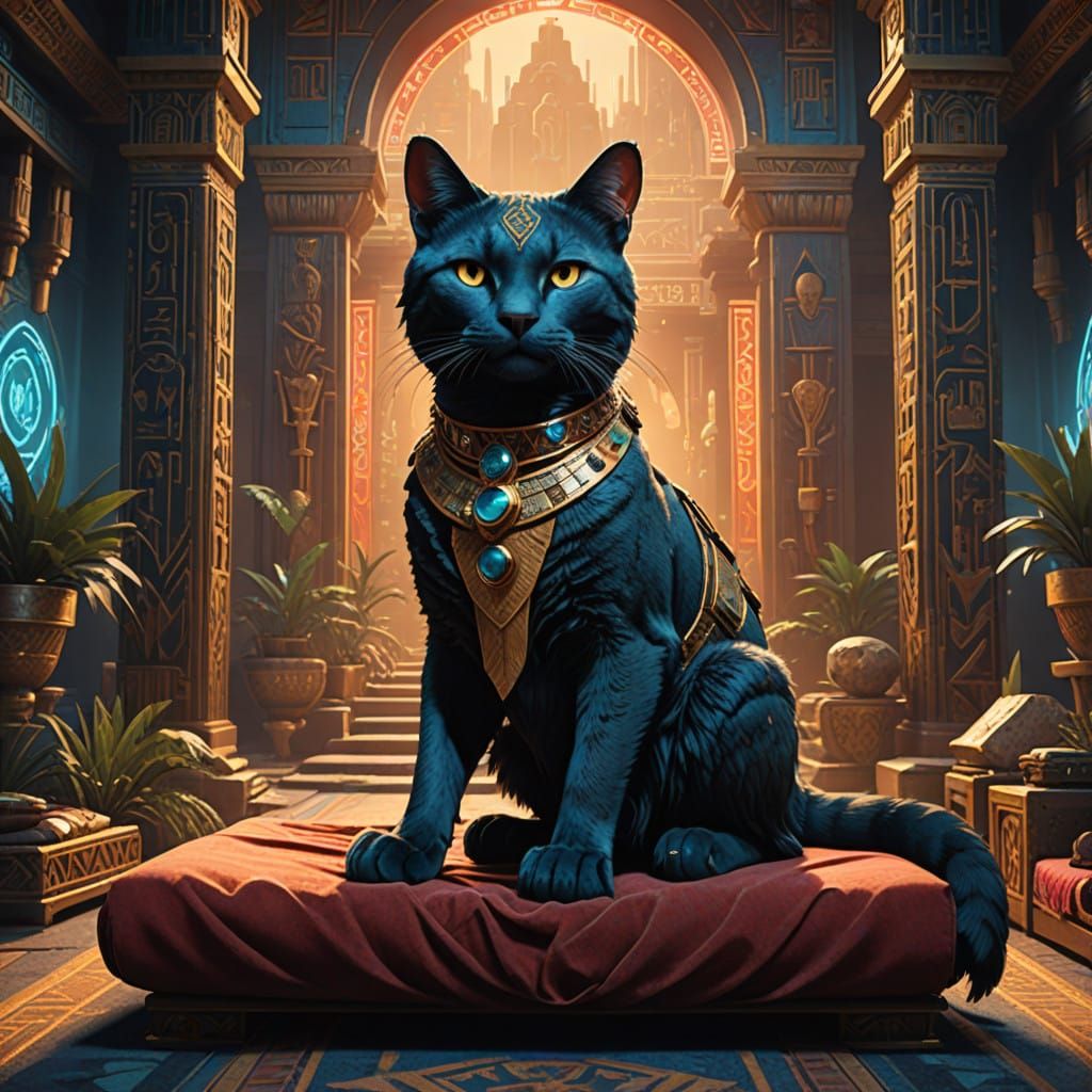 Regal Ancient Egyptian Cat Adorned with Gold and Jewels in a...