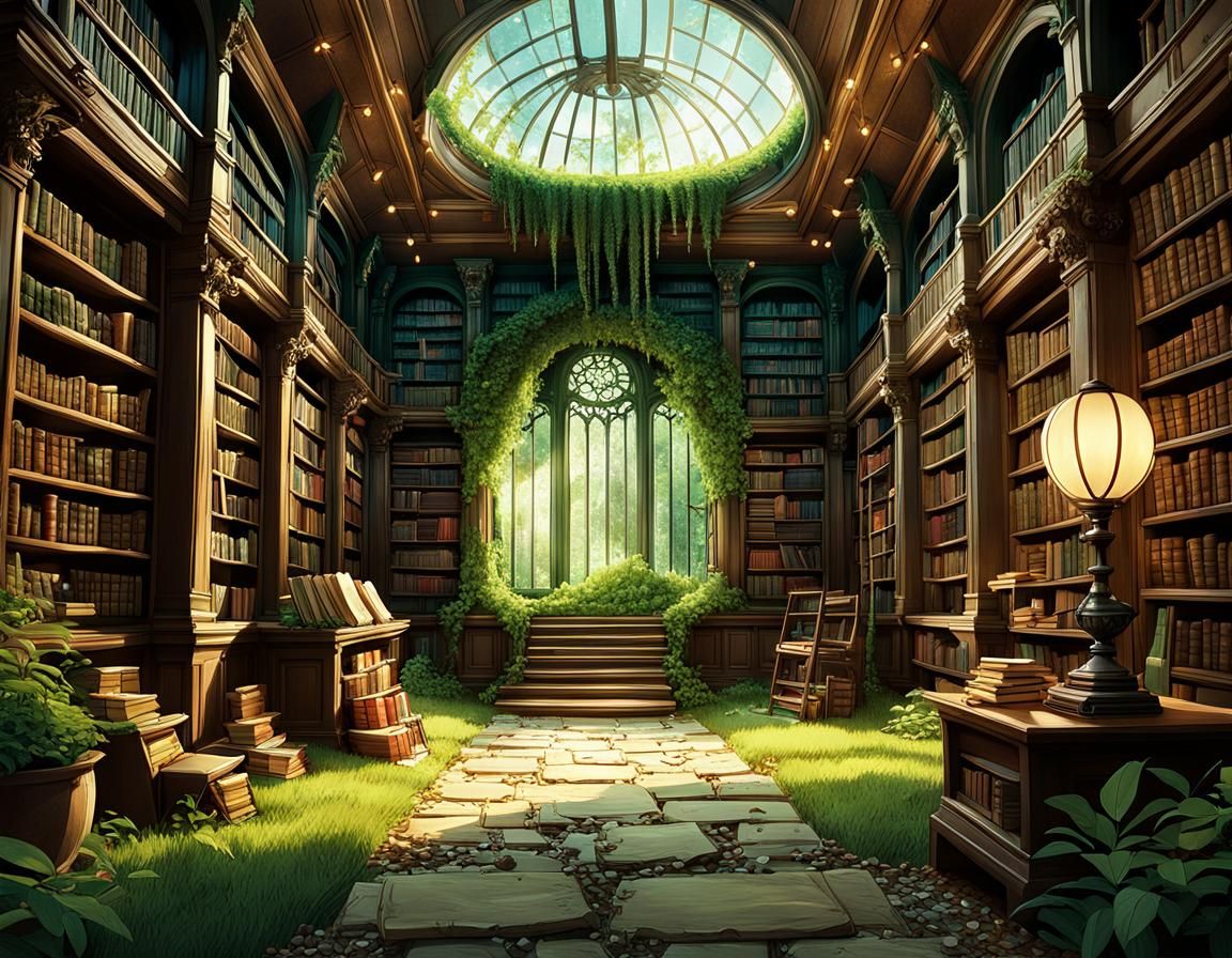 An ancient, forgotten library with books scattered and natur...