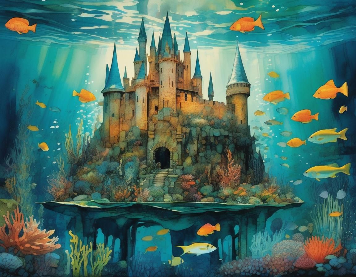 Magical Underwater Castle with Mermaids in Whimsical Style