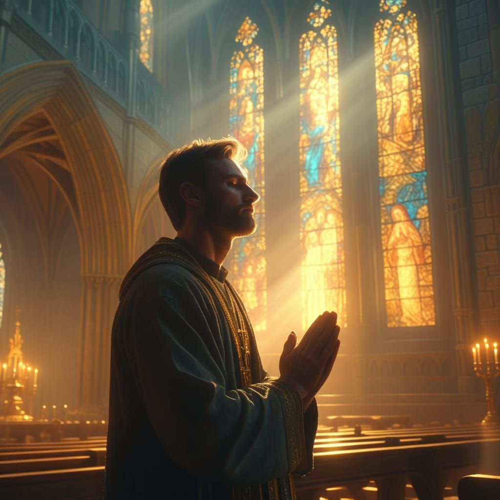 Ethereal Cathedral Prayer in Golden Light