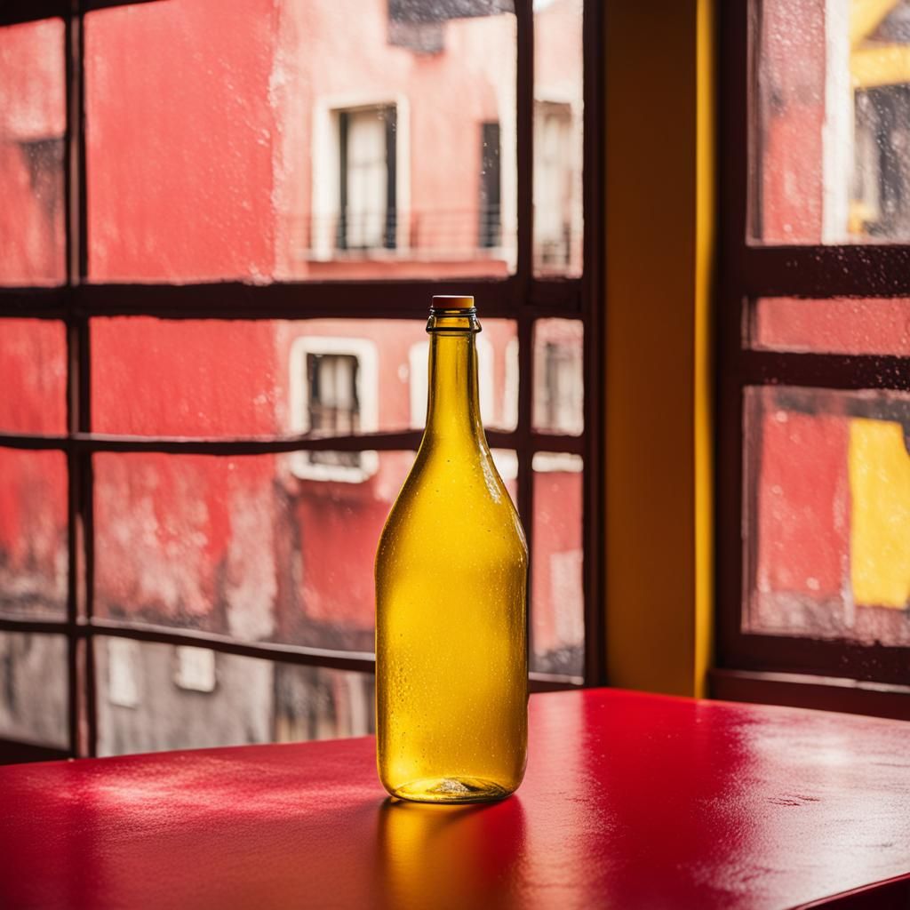 Yellow Bottle on Red Table Photograph