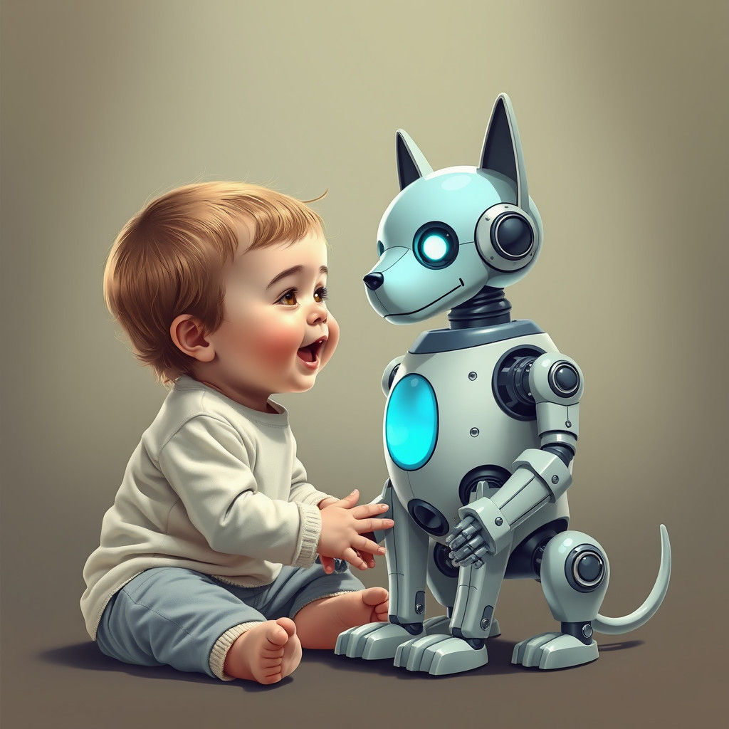 Happy Toddler and Futuristic Robot Dog