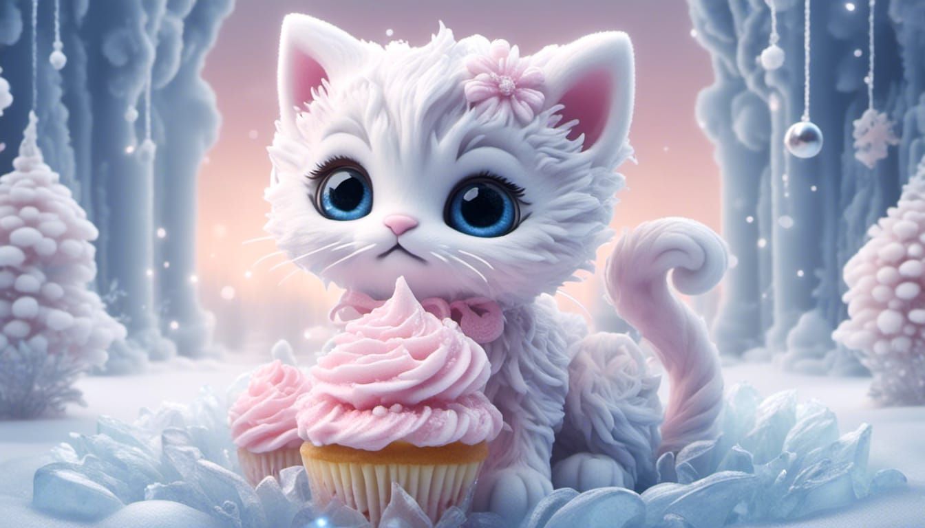 <lora:SapphSnow:1.0> stunning image of chibi cute kitten holding cupcake floating on an iceblock, moody, grainy, noisy, ...