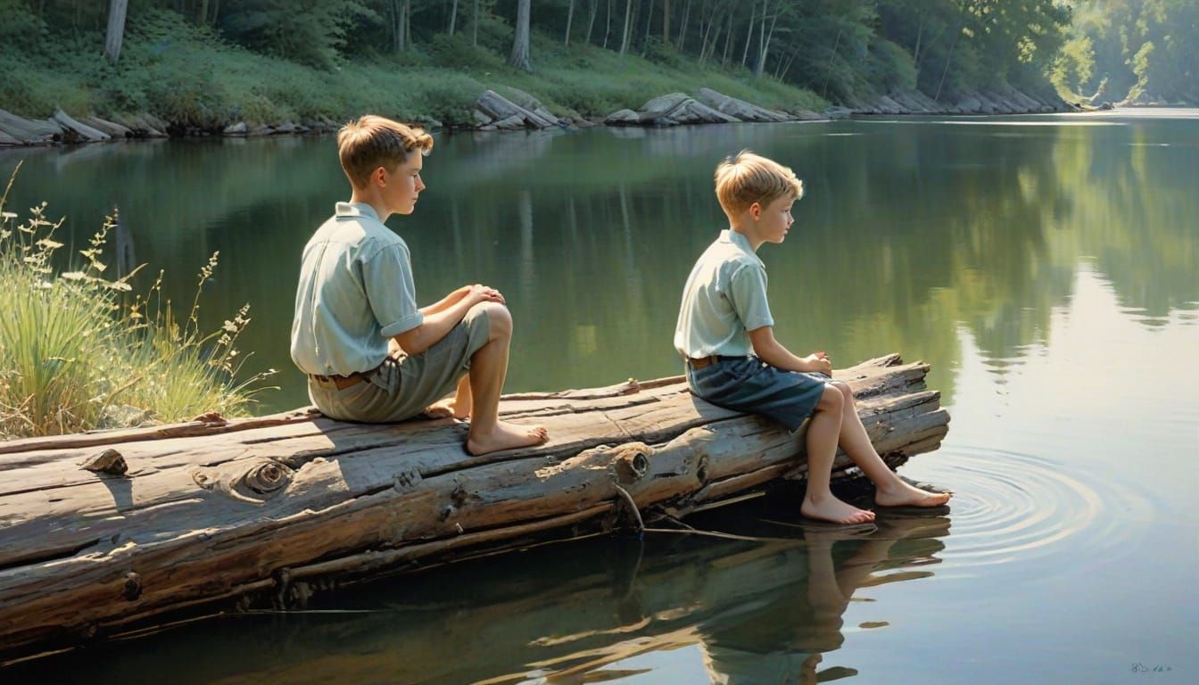 Two Boys on a Waterfront Log in Soft Watercolor Style