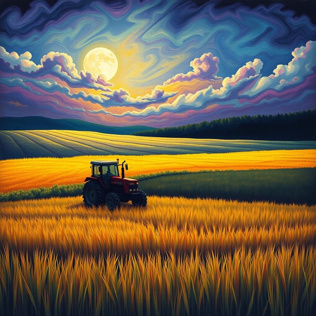 Harvest Moon Tractor in Electric Ayahuasca Art Style