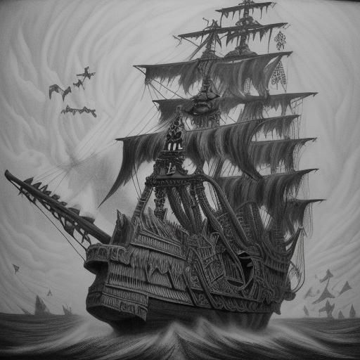 Eerie Bone Pirate Ship Charcoal Drawing