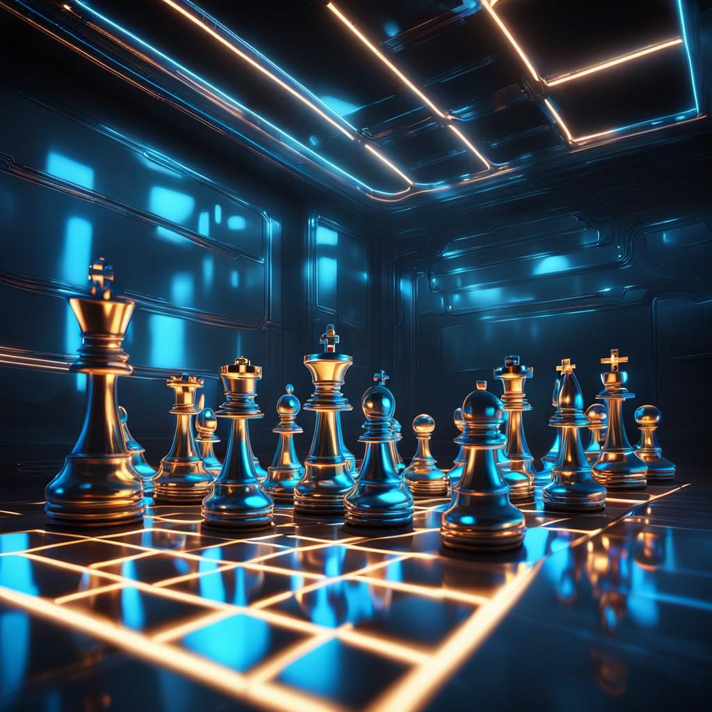 Futuristic 3D Chess Game in Neon Lit Room