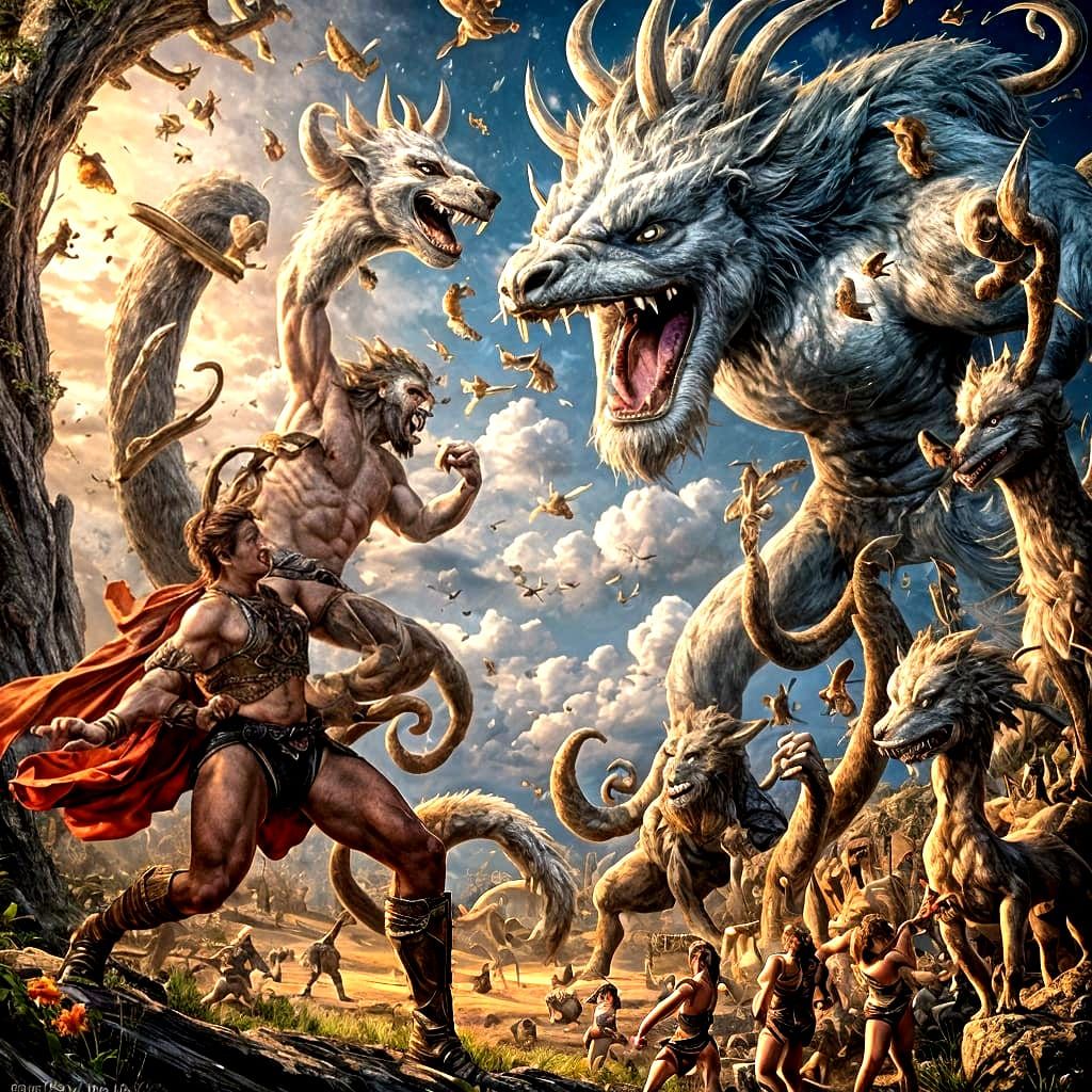 Hercules battles a monster with many silly faces