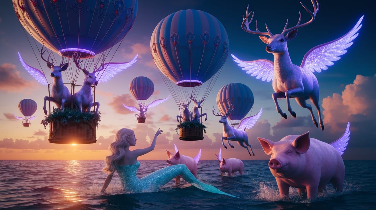 Surreal Hot Air Balloons with Mystical Deer, Digital Art