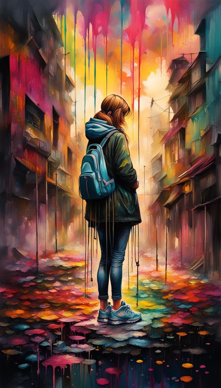 Sad Woman in Polychromatic Graffiti Art