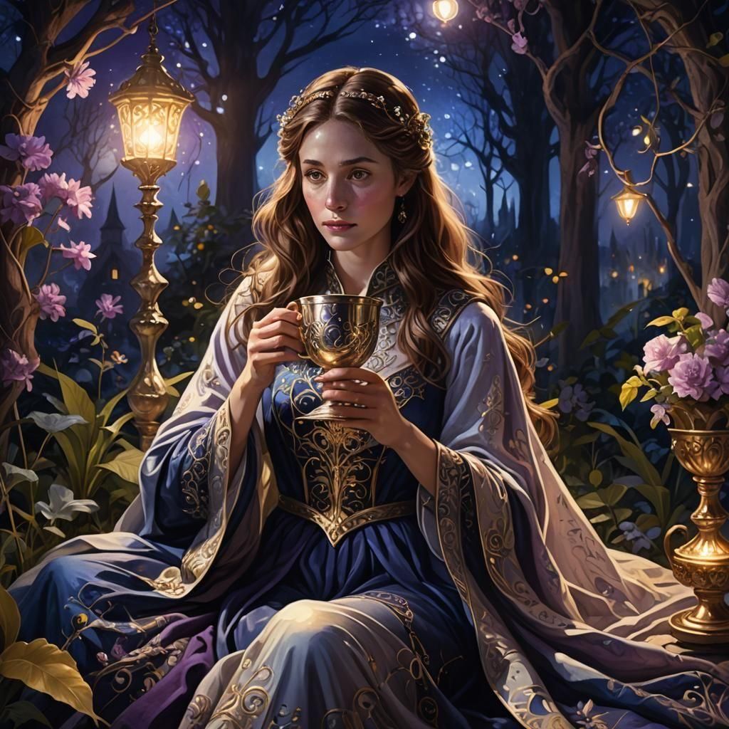 Woman in Silver Mask in a Night Garden