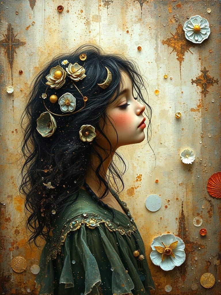 Ethereal Girl in Gilded Encaustic Painting