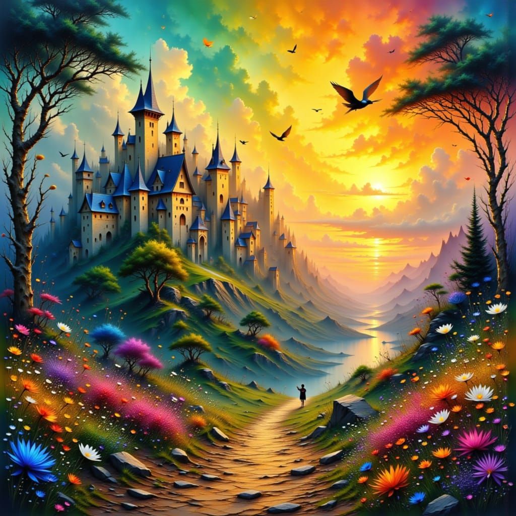 Medieval Dream Valley Town at Sunset with Fantastic Beasts