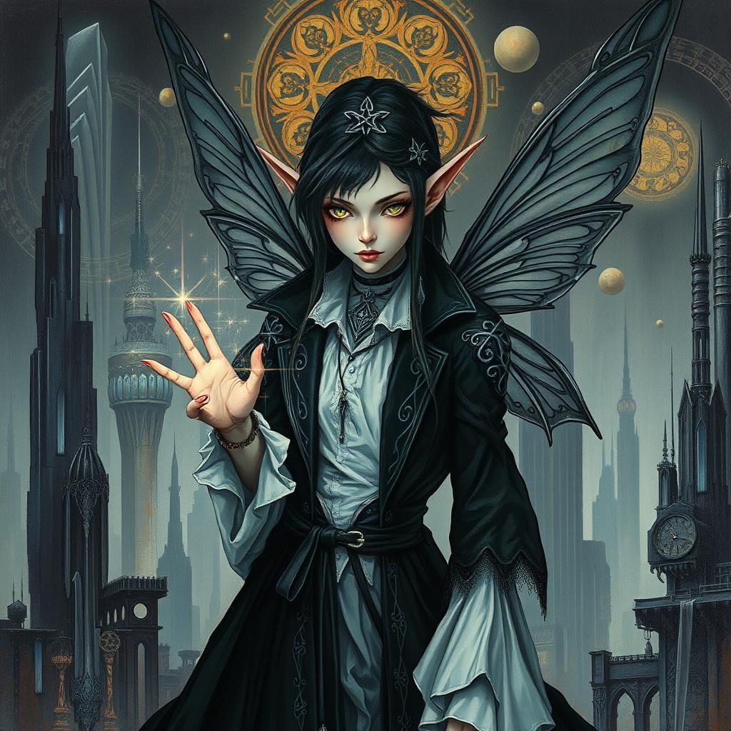 Dark Fairy Elf in Dystopian City as Impasto Painting