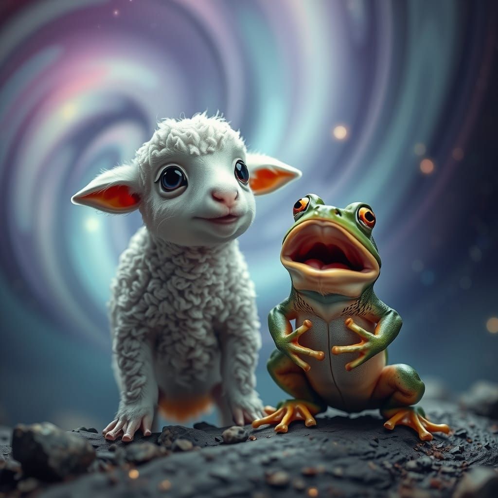 Shocked Lamb and Frog in Dreamlike Romanesque Style