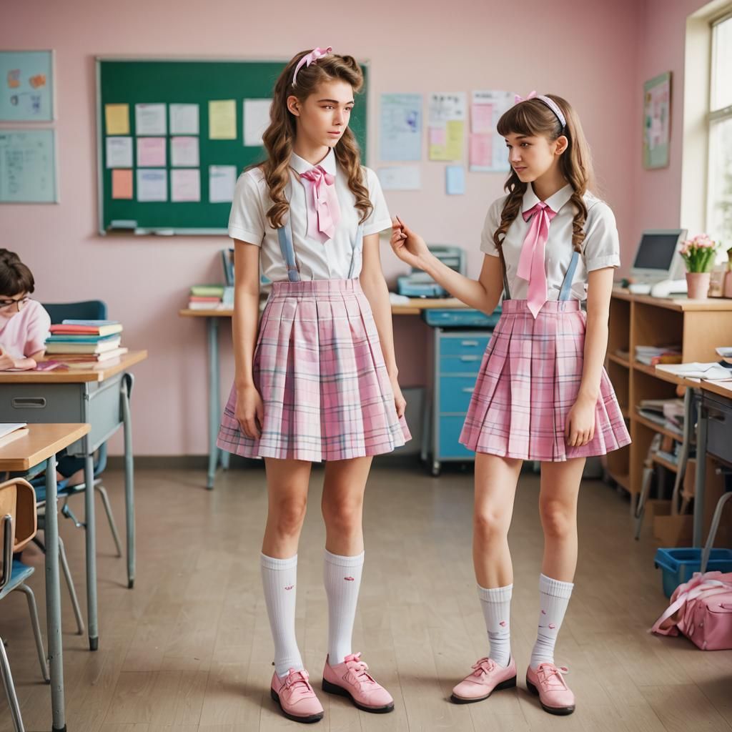 Teenagers in Classroom: Crossdressing Portrait in Pastel Hue...