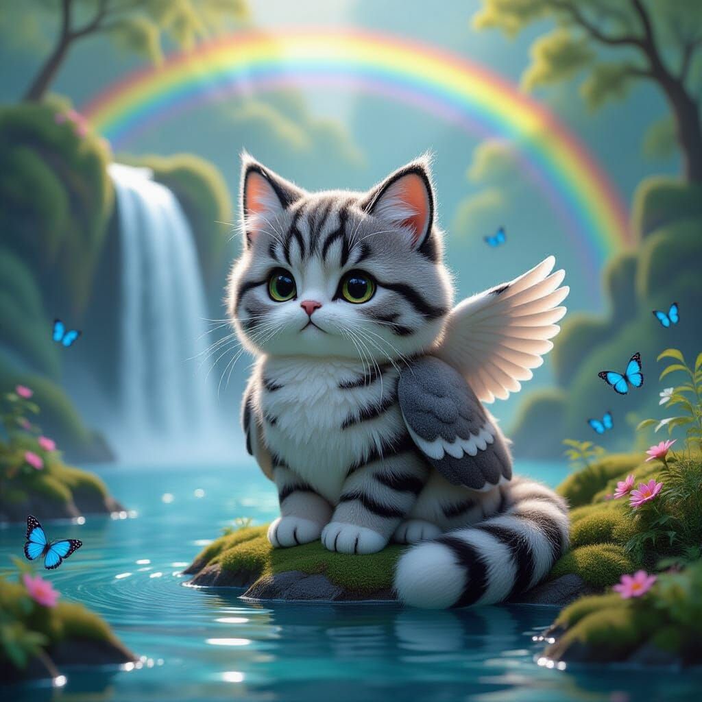 Felted Cat-Owl Hybrid Sculpture with Waterfall