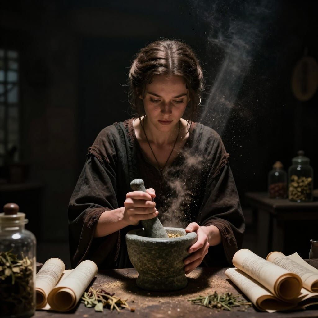 Livia Grinds Herbs in Dimly Lit Quarters