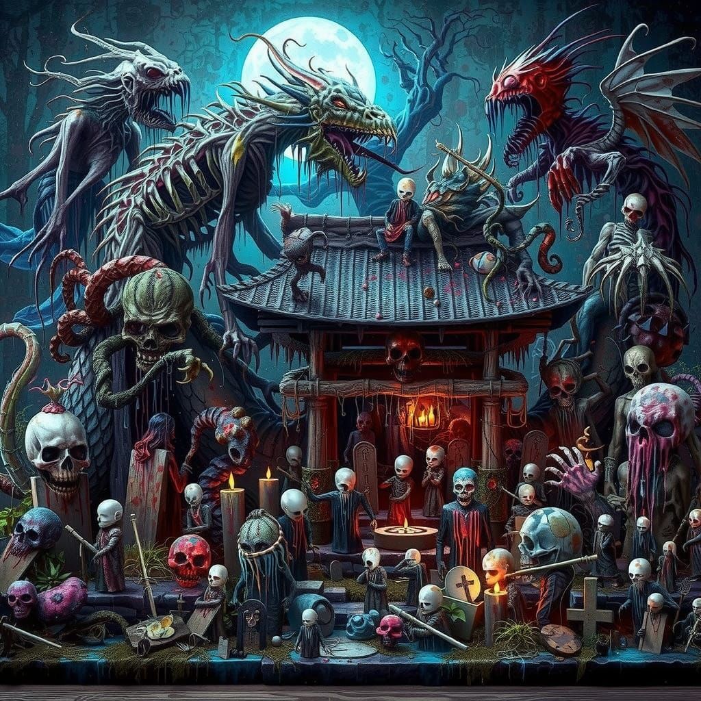 Macabre Graveyard with Monstrous Entity in Dark Fantasy Styl...