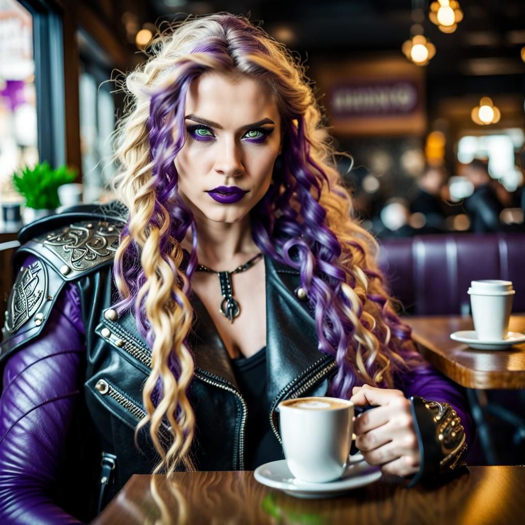 Valkyrie in Biker Outfit Drinks Coffee
