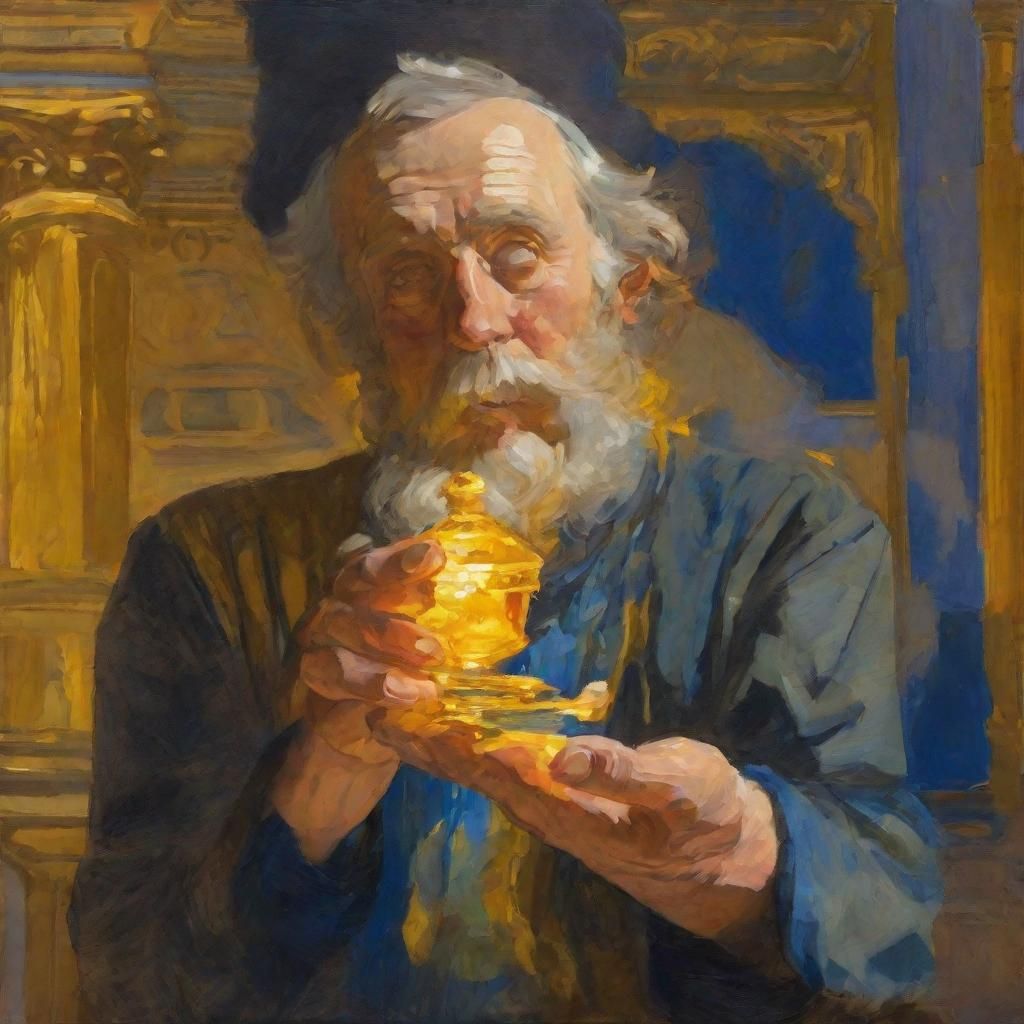 Man Holds Glowing Object: Gouache Impressionist Painting