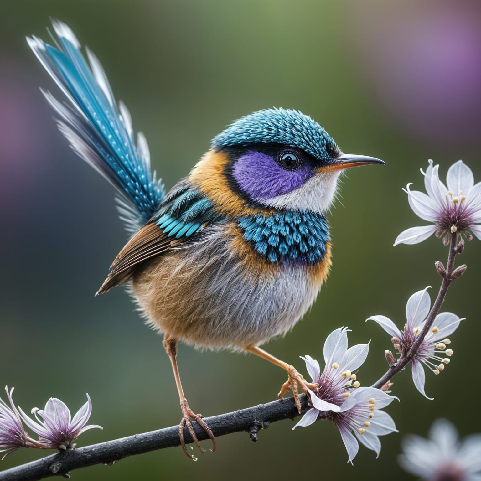 Adorable Glass Fairywren Portrait in Suminagashi Style