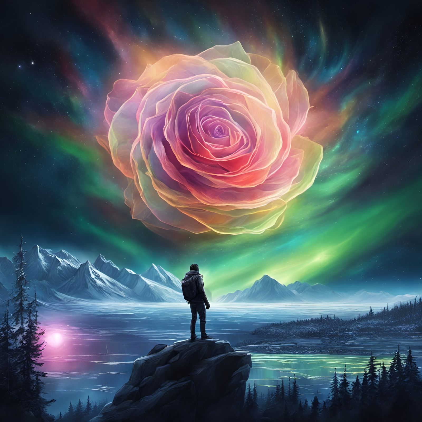 Bioluminescent Aurora Draws Crystal Rose Moon