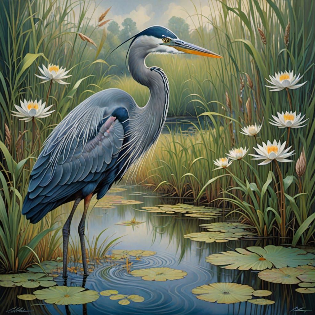 A Great Blue Heron in Splendid Oil Painting
