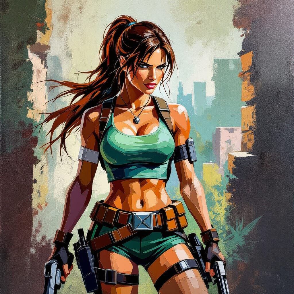 Lara Croft Impasto Abstract Painting with Palette Knife