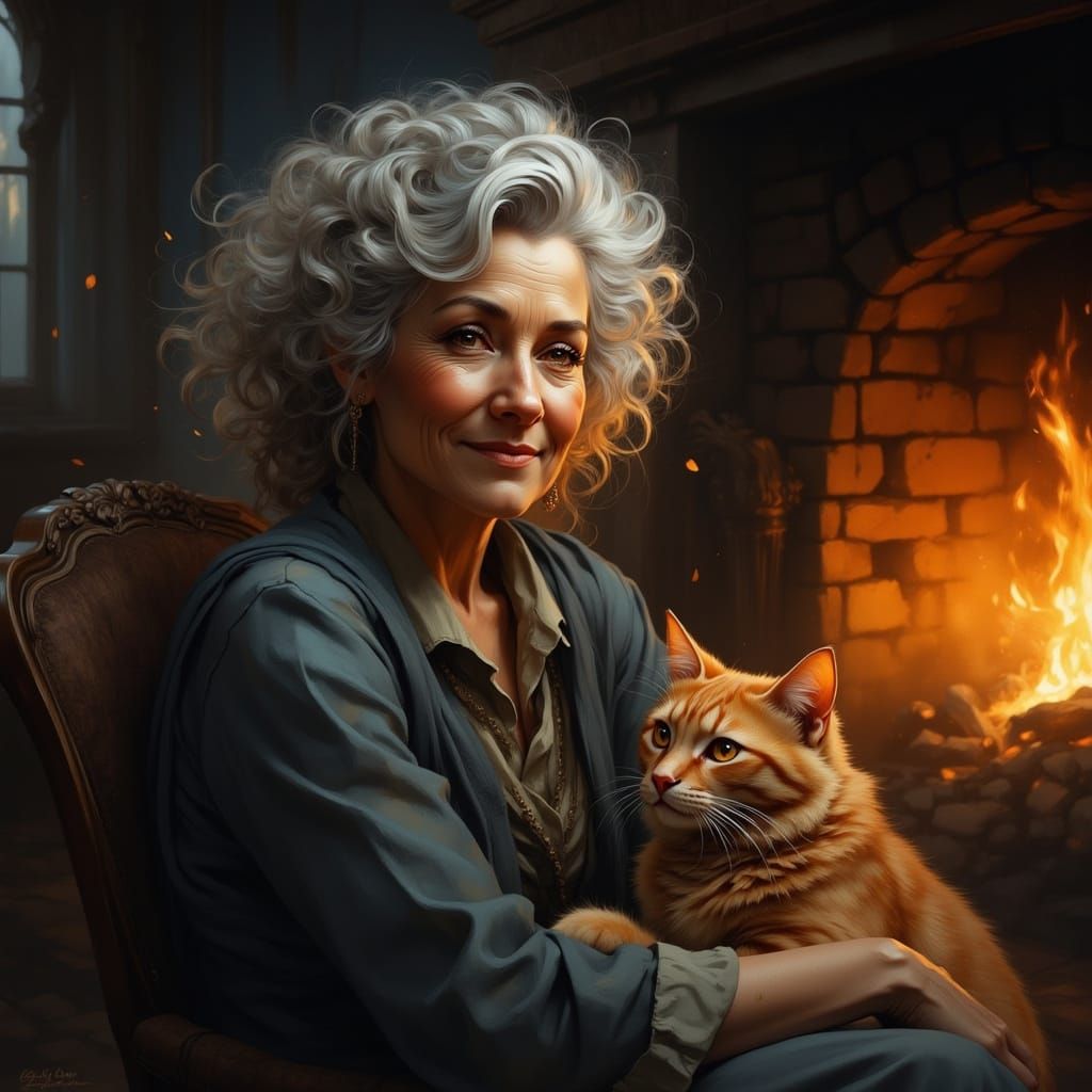 Elderly Woman with Orange Eyes by Fireplace