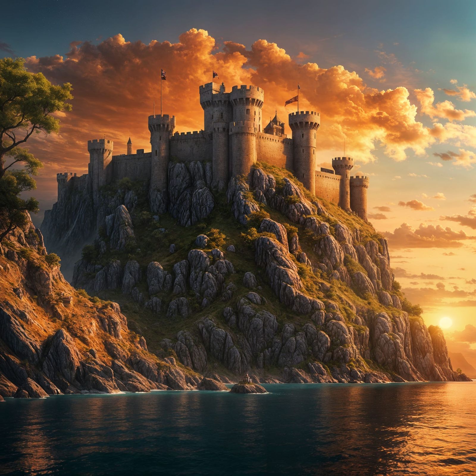 Cliffside Medieval Fort at Sunset: Fantasy Art