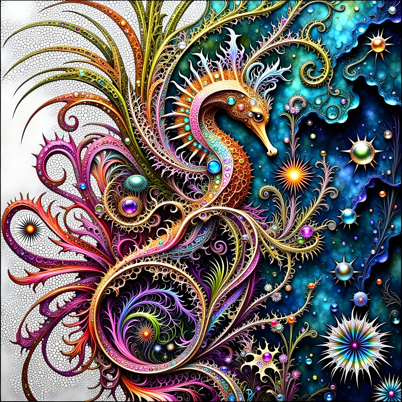 Whimsical Seahorse-Lionfish Hybrid in Cosmic Portal