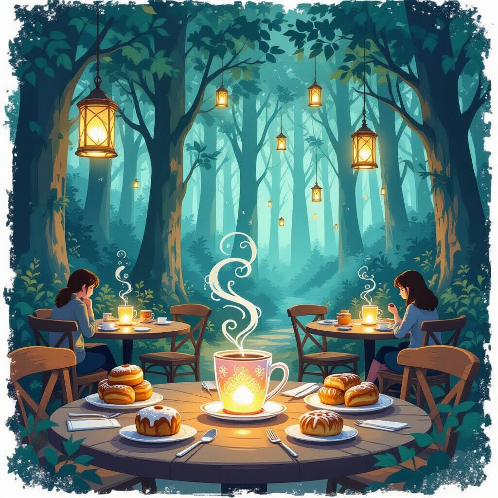 Enchanted Woodland Cafe With Glowing Mugs and Magical Steam
