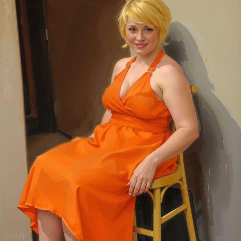 Blonde Woman in Orange Dress as Oil Painting