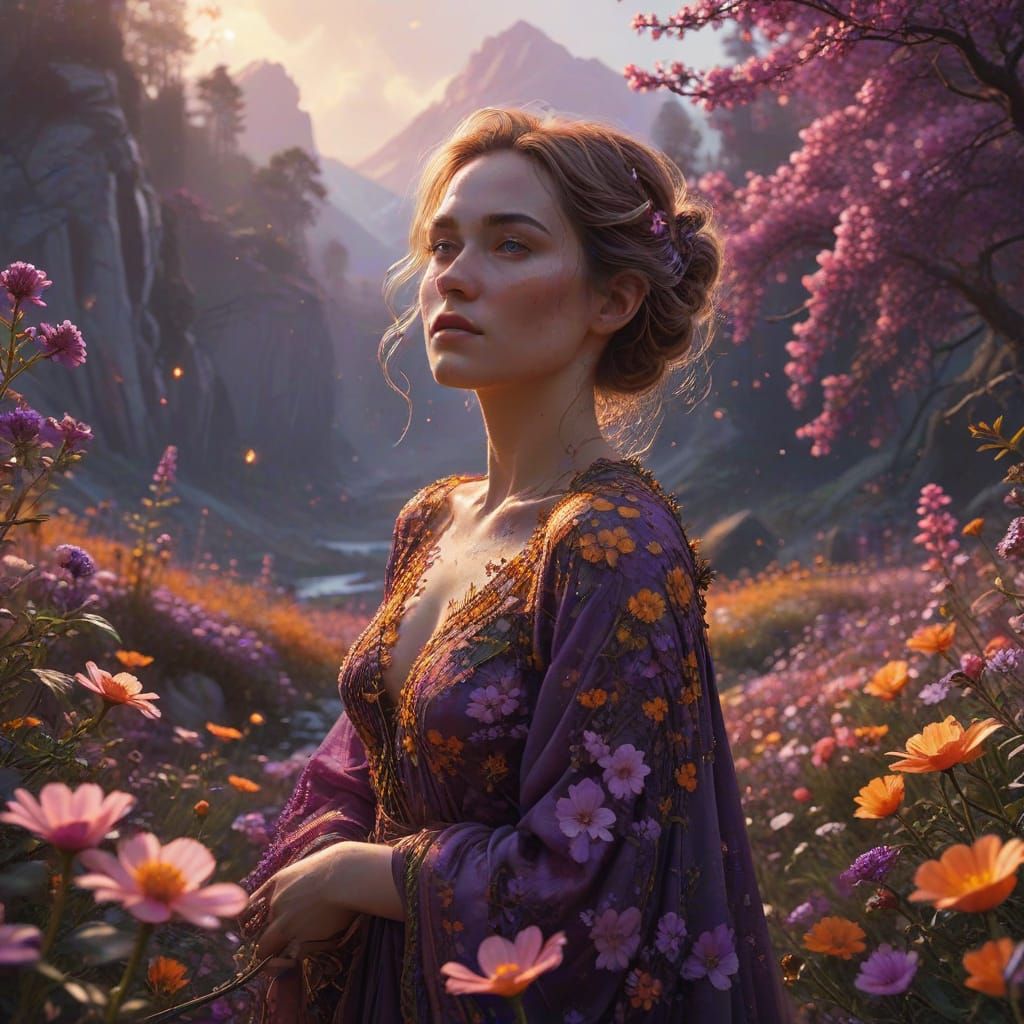 Elegant Woman in a Vibrant, Golden-Lit Landscape