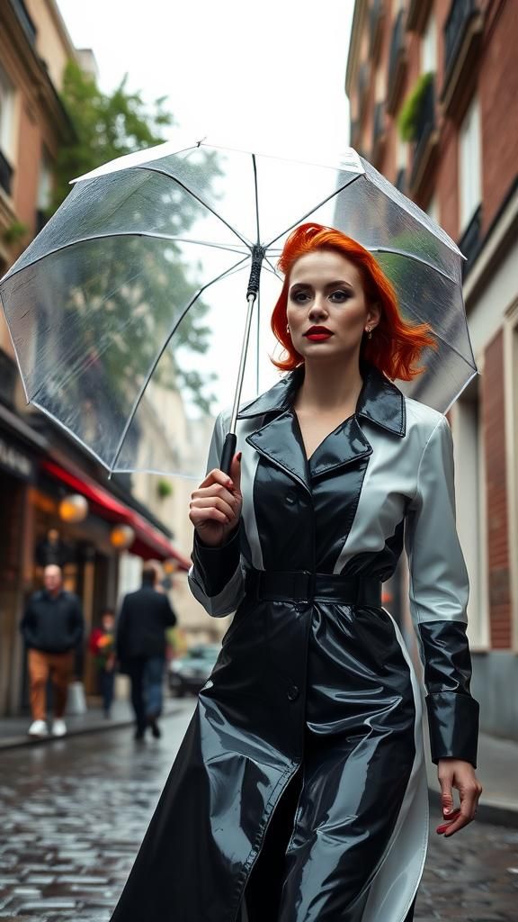 A photo of a woman with vibrant red hair walking on a cobble...