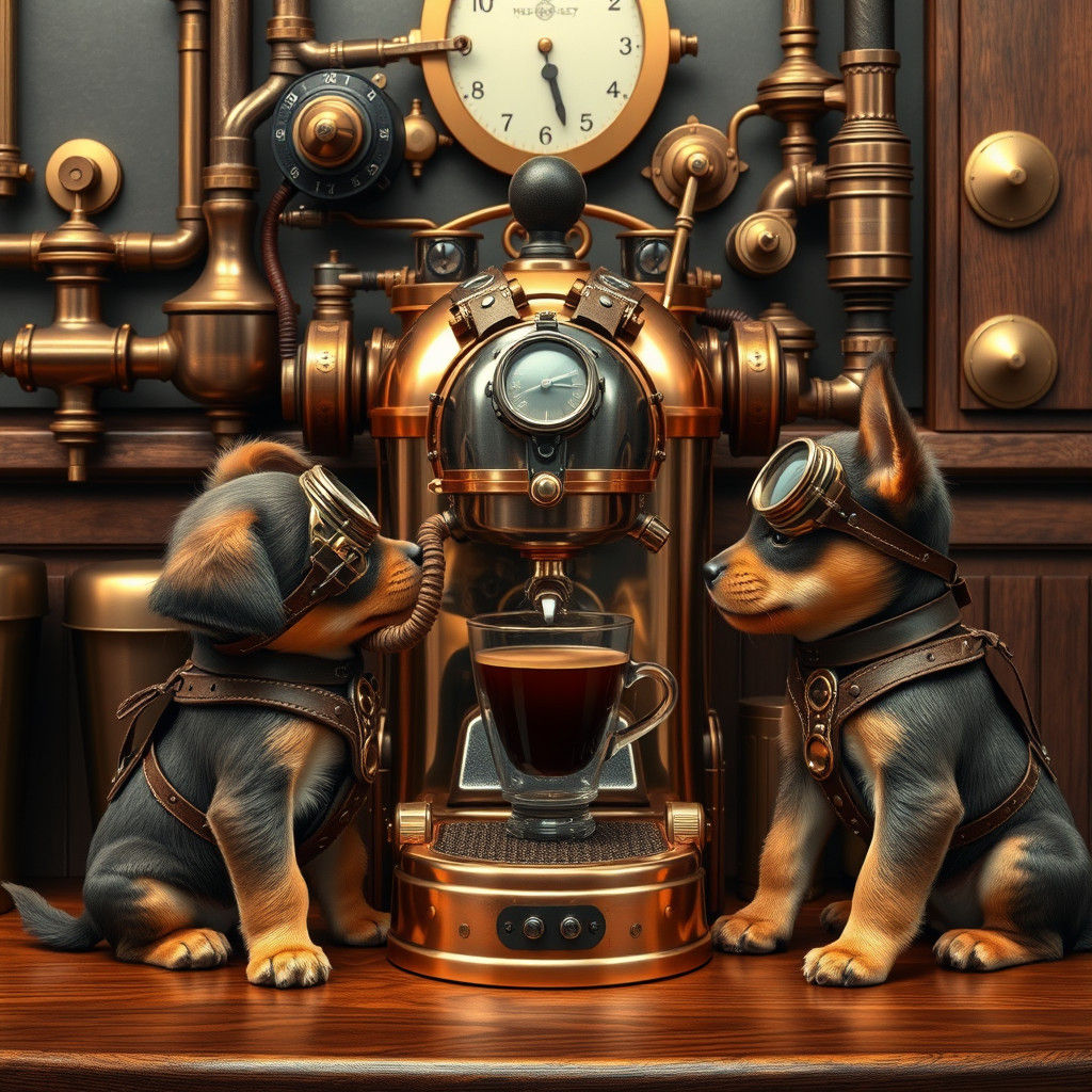 Steampunk Puppies Enjoying Espresso at a Cafe