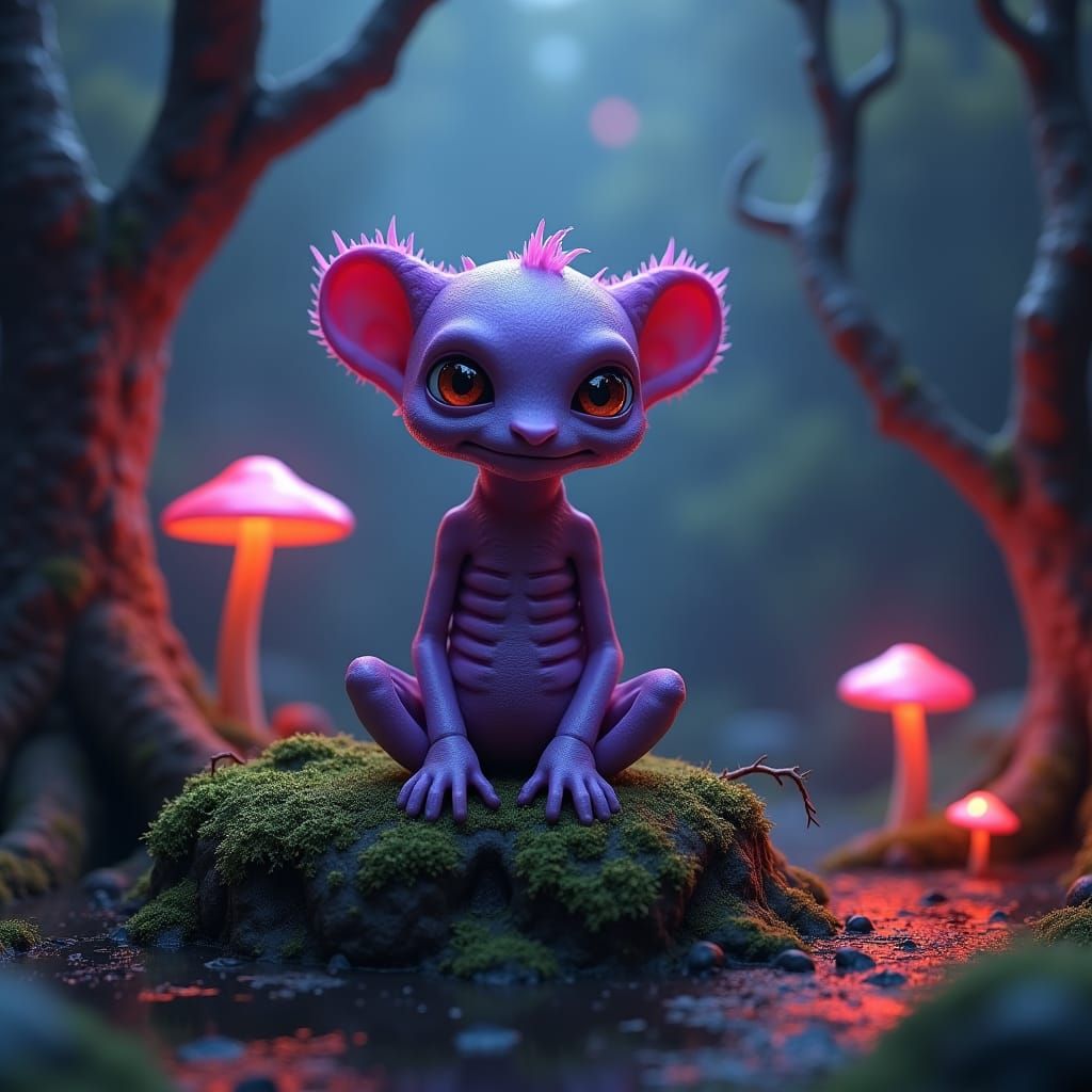 Purple Eight-Eyed Creature on Mossy Rock