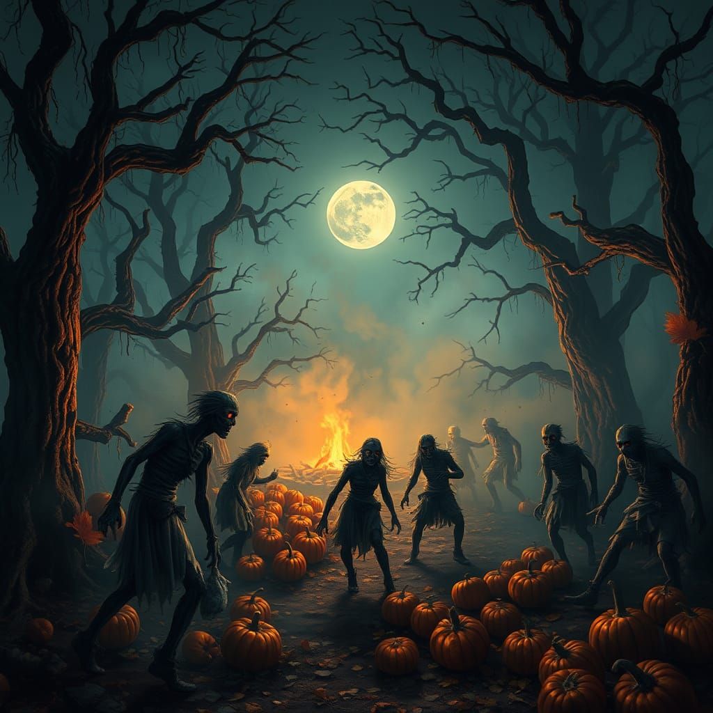 Eerie Moonlit Harvest Festival in Haunted Forest