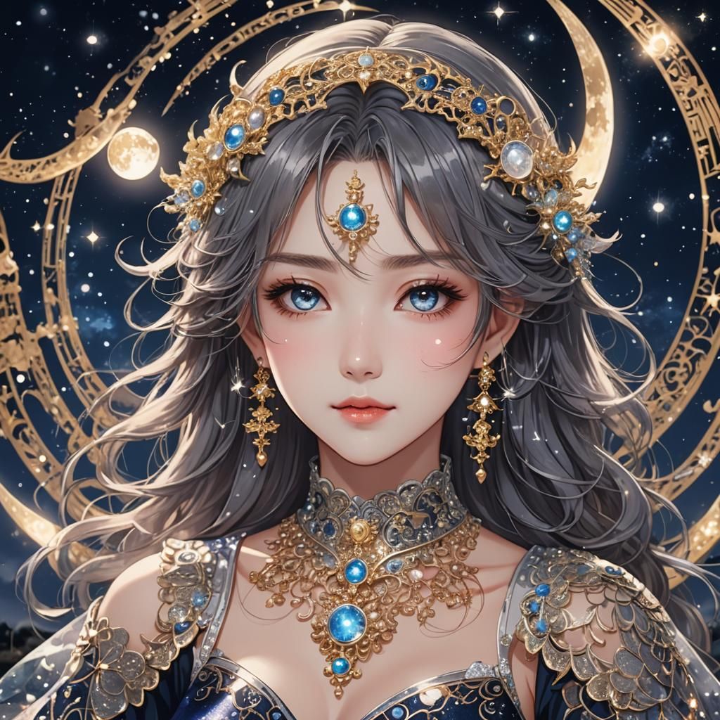Anime Portrait: Lady in Moon Dress with Night Sky